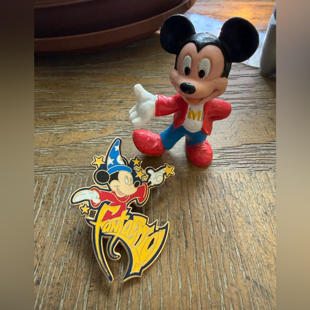 Disney Mickey Mouse Fantasia Sorcerer Pin & Vintage Figurine Bundle